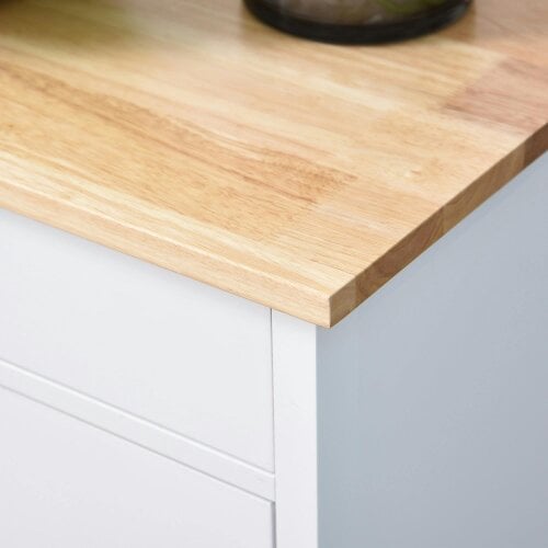 Wyld Haus Yota Wooden White Kitchen Island On Wheels With Wood Top Shelves And Storage Cupboard