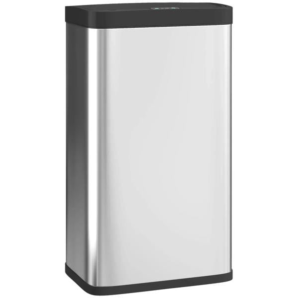 45L stainless steel sensor bin with brushed silver body and black lid