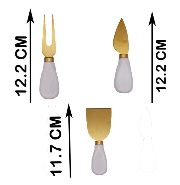 Three cheese tools with gold blades and white handles, shown with measurements on a white background.