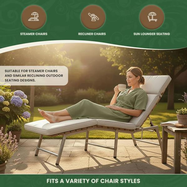 Steamer Chair Cushion – Outdoor Garden Seat Pad with 6cm Padding, Washable Cover & Adjustable Straps, Beige, 49cm Wide