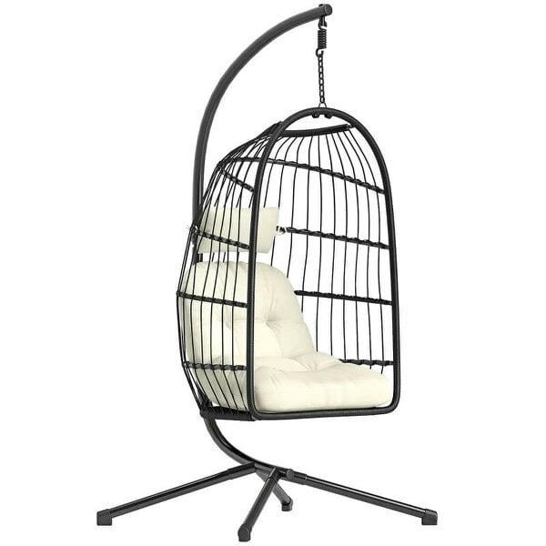 Hanging Egg Chair, Indoor Outdoor Hammock Swing Chair with Stand, Safety Strap, Foldable Basket, Black/Cream White
