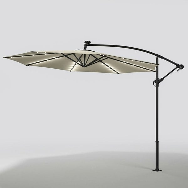 Beige 3m Iron Banana Umbrella Cantilever Garden Parasols with LED Lights Parasols & Rain Umbrellas Living and Home