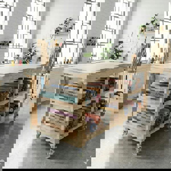 Arbor Garden Solutions Wooden Workbench Eucalyptus Hardwood Top Depth-3ft Double Shelf and Wheels