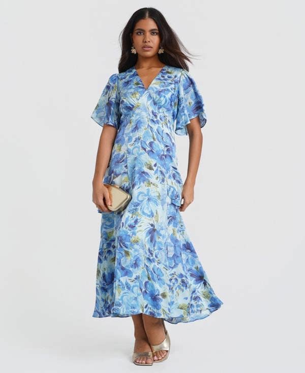 Ruffle Blue Floral Midi Dress