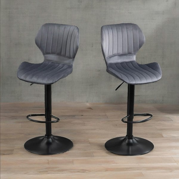 Rafaelo Mobilia Grey Retro Velvet Bar Stools Set Of 2 With Adjustable Height & Swivel