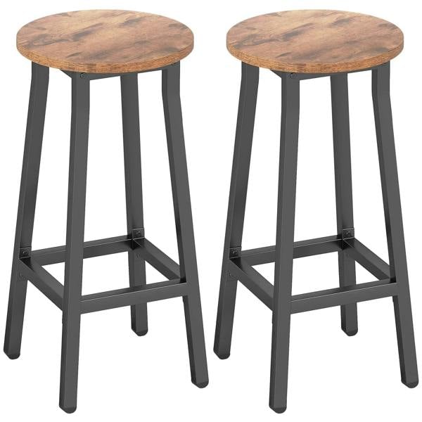 Set of 2 industrial bar stools, round rustic brown seats with black footrest frames