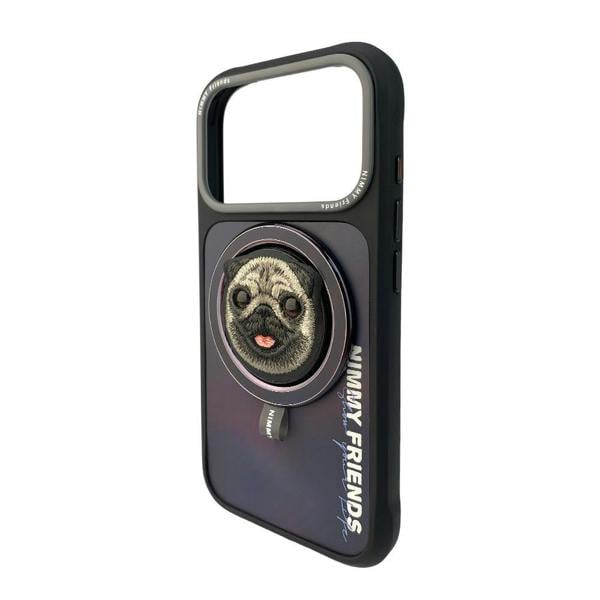 Nimmy Friends Nimmy Big Eye Cute Pet Pug Dog Face Case with Detachable MagSafe Grip for iPhone 17 Pro Max 6.9" Black Grey