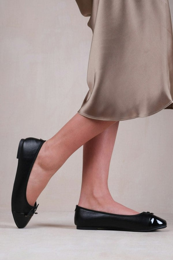 Where's That From Janice Extra Wide Ballerina Flats With Front Bow Detail in Black Faux Leather