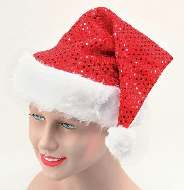 12 Pack Deluxe Red Sequin Santa Hats with White Faux Fur Trim and Bobble for Christmas Parties image 1