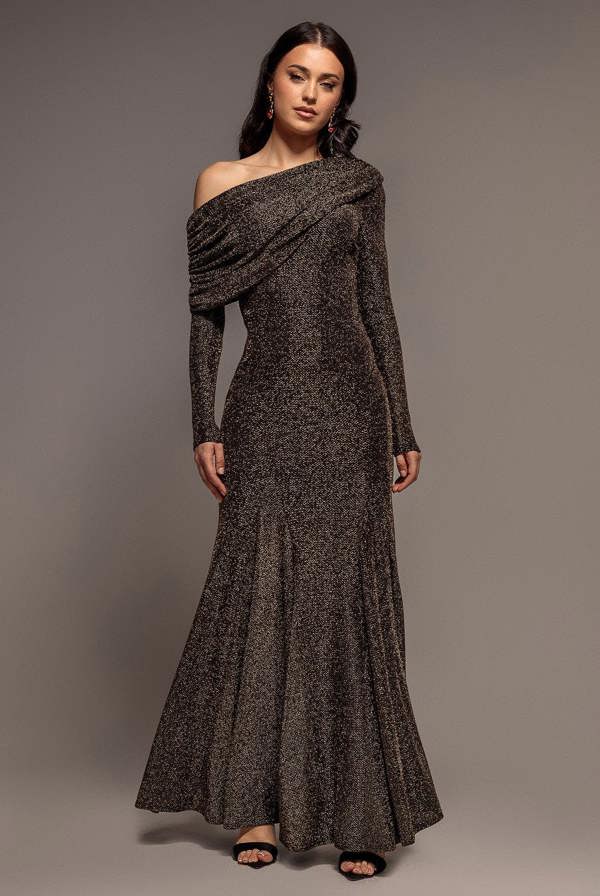 Off Shoulder Gathered Bardot Asymmetric Lurex  Maxi Dress - Gold DR5288