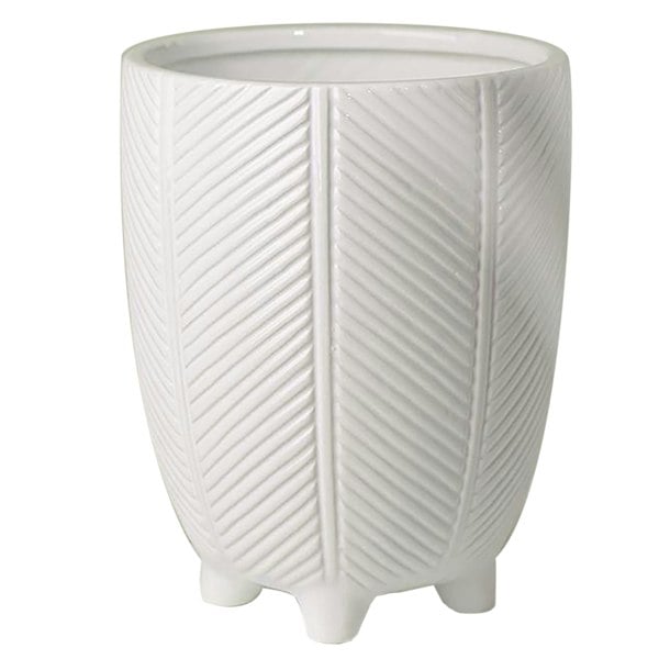 Leaf Tall Ceramic Planter Plant Pot With Feet White Stripe 15 x 15 x 19cm