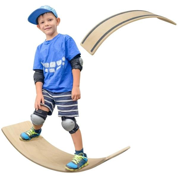 Natural wood curved balance board with raised edges for children