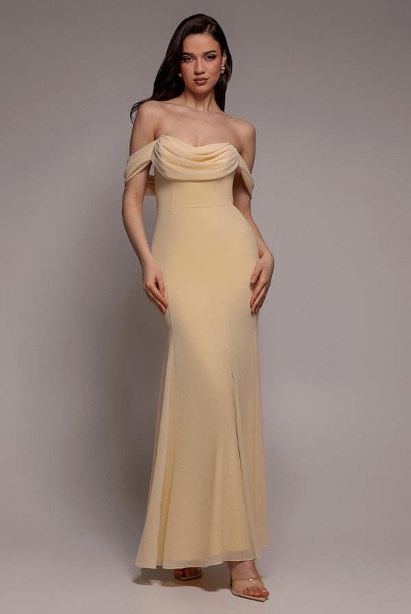 Chiffon Bardot Cowl Neck Maxi Dress - Butter Yellow DR2781A