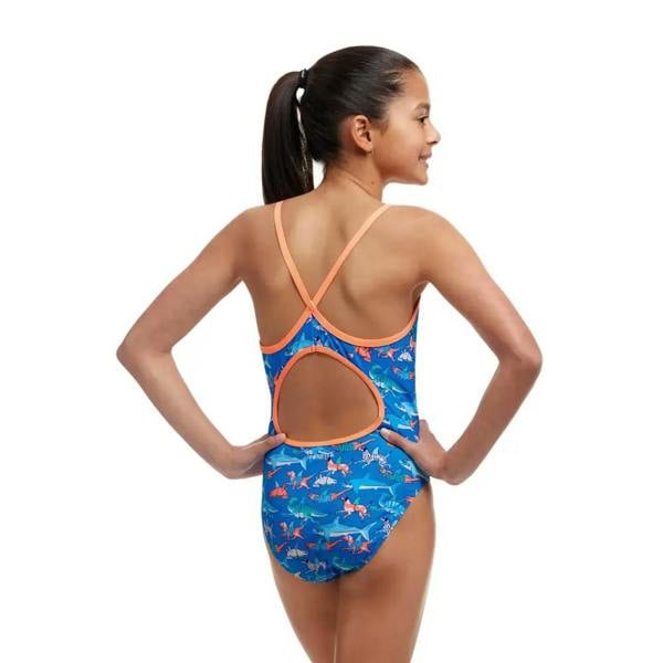 Funkita girls fin swimming diamond back swimsuit in blue with orange accents