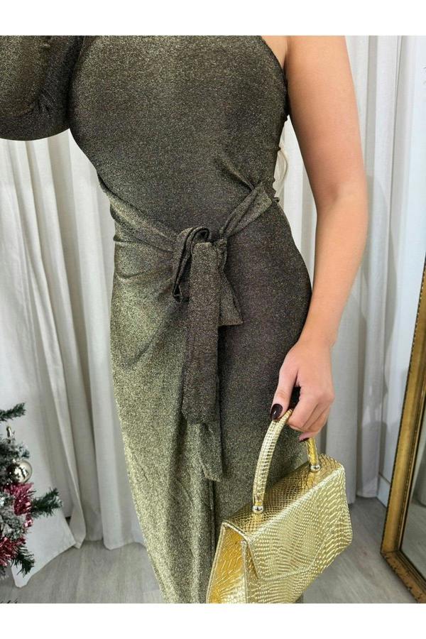 Jodie One Shoulder Wrap Front Glitter Midi Dress - Gold