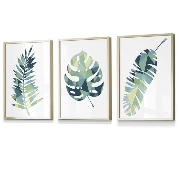 Framed Set of 3 Teal Blue Tropical Leaf Prints | Artze Wall Art UK