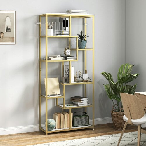 HOMCOM Industrial Bookcase 7-Tier Bookshelf Shelving Unit Rustic Brown Black - White and gold tone