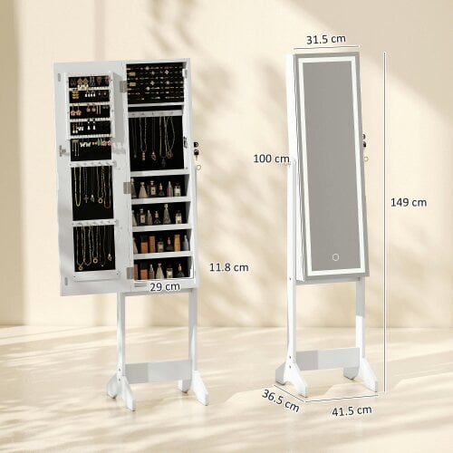 HOMCOM Mirror Jewelry Cabinet with LED Light, Mirror with Storage, White