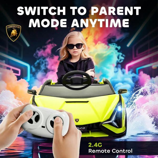 Green kids ride-on toy car with handheld remote control, black steering wheel, front