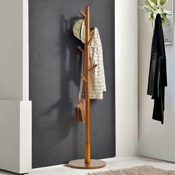 Rafaelo Mobilia Adjustable Wooden 8 Hook Coat Stand With Round Base