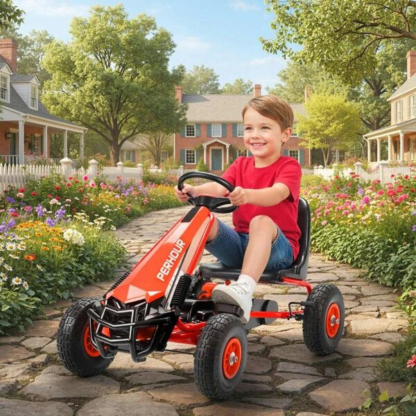 Kids Pedal Go Kart with Adjustable Seat, EVA Tyres, Manual Clutch, Brake, Go Kart for Kids 3-8 Years, Red - Red