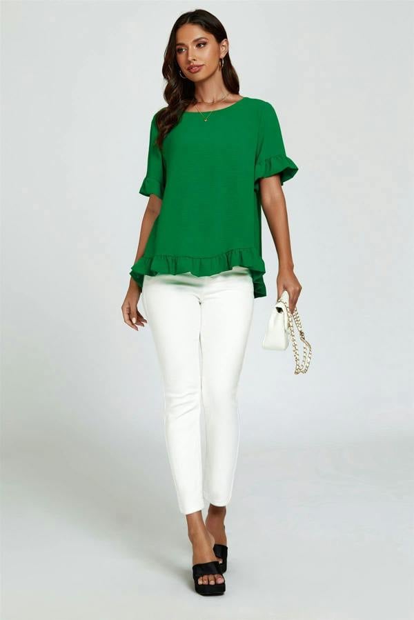 FS Collection Frill Detail Short Sleeves Top In Green