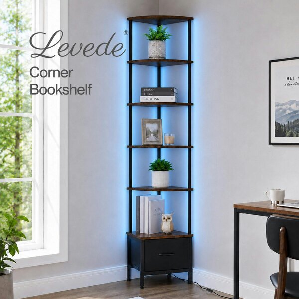 Levede Corner Bookcase Tall Corner Shelf Unit 6-Tier with LED Light Drawer Brown
