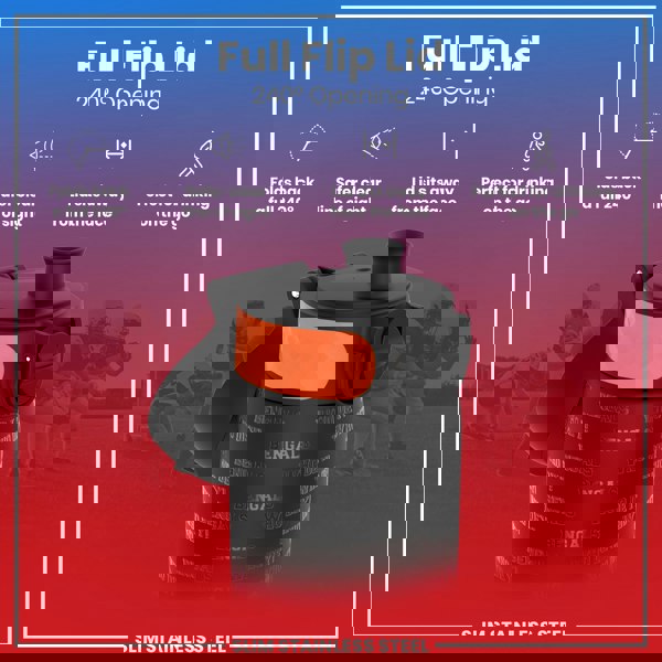 A black, slim stainless steel water bottle with an orange accent and "Bengals" and "Who Dey!" branding, features a 240° opening full flip lid, facilitating convenient on-the-go drinking; shown against a blurred background of American football players.