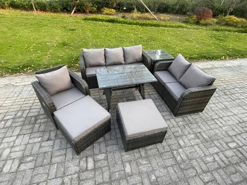 Fimous 7-Piece Outdoor Lounge Sofa Set - Dark Grey Mixed Wicker PE Rattan Garden Furniture with Rectangular Dining Table & Armchair