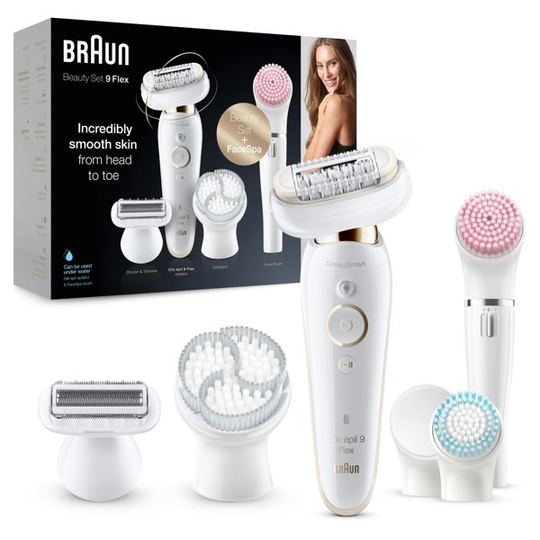 Braun Silk-epil 9 Flex 9-100 Beauty Set - Epilator, Flexible Head, Easier Hair Removal - White/Gold