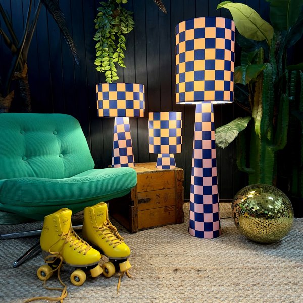 Handmade Checkerboard Velvet lamps in Peach Fuzz. Blue and Peach checkerboard lamps. 3 Sizes available