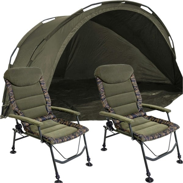 2 Man Waterproof Carp Fishing Bivvy Tent & 2x Reclining Adjustable Chairs Set