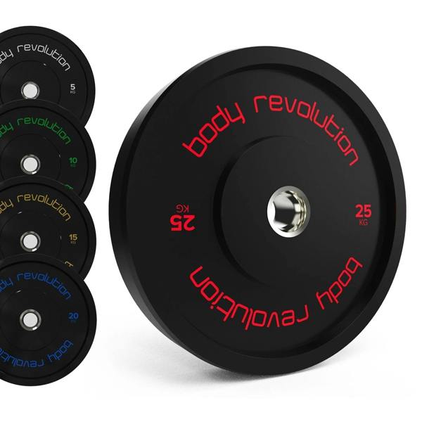 Body Revolution Olympic black bumper plates bundle featuring 25kg, 20kg, 15kg, and 10kg weights with vibrant red and green markings