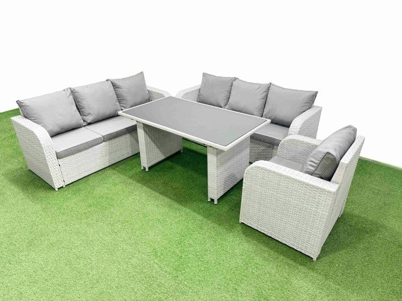 Fimous Rattan Garden Furniture Dining Set 7 seater Patio Rectangular Table Sofa Set Light Grey