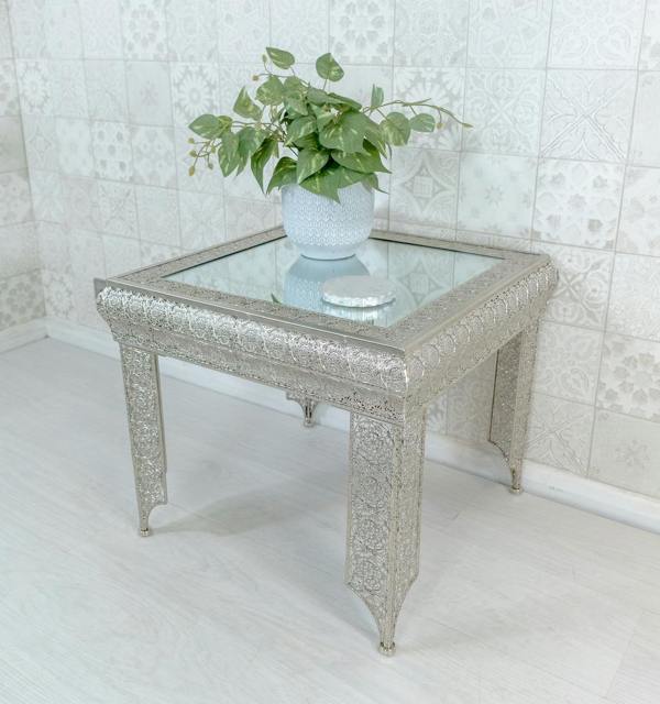 Silver Embossed Metal Mirrored Glass Side Table - Agadir Collection