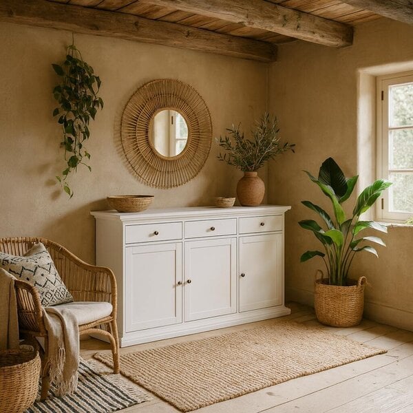 Wyld Haus Osaka Farmhouse White Wooden Sideboard 3 Doors 3 Drawers