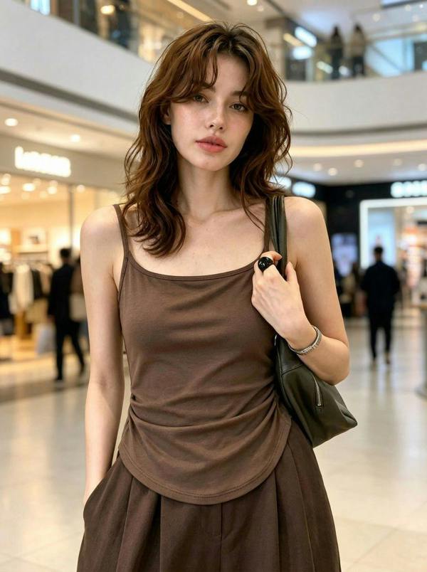 Anniou Tencel Linen Built-In Bra Camisole - Brown
