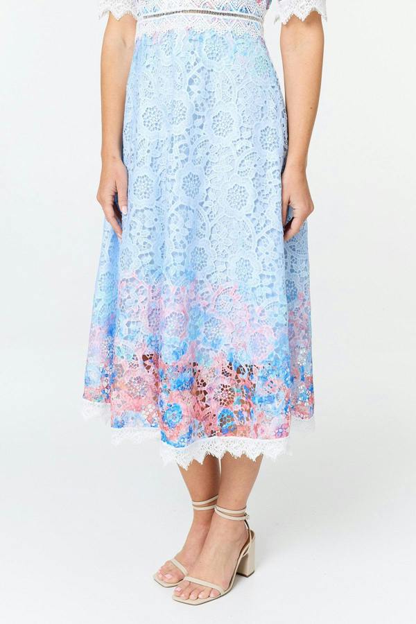 Blue | Floral Lace Trim 1/2 Sleeve Midi Dress