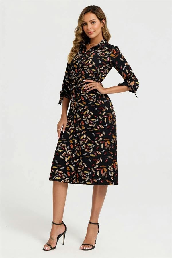 FS Collection Leaf Print Tie On Sleeves Midi Shirt Dress In Black