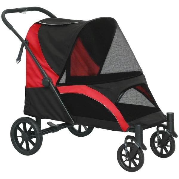 Foldable red and black pet stroller with four large wheels and safety canopy