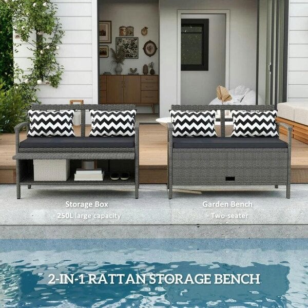 160L Storage Two-Seater Rattan Bench - Grey