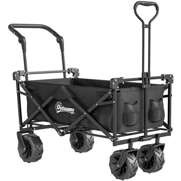 Black folding trolley cart with 4 all-terrain wheels, overhead canopy, push-pull handle