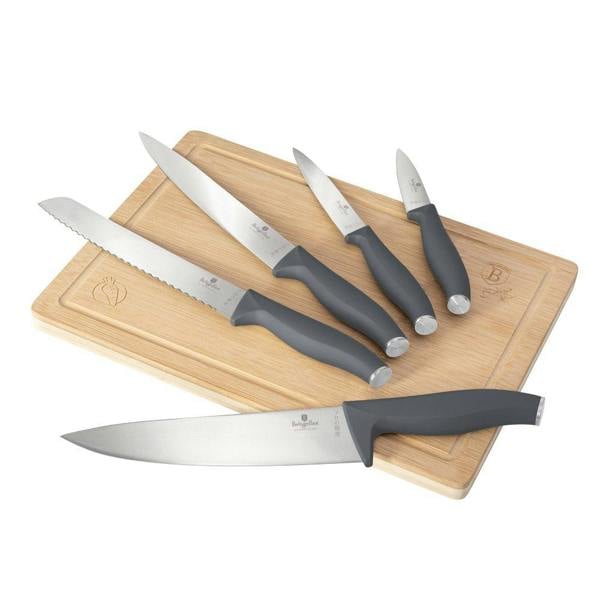 Berlinger Haus Premium Knife Set with Bamboo Cutting Board, featuring stainless steel bread, chef, slicer, utility, and paring knives.