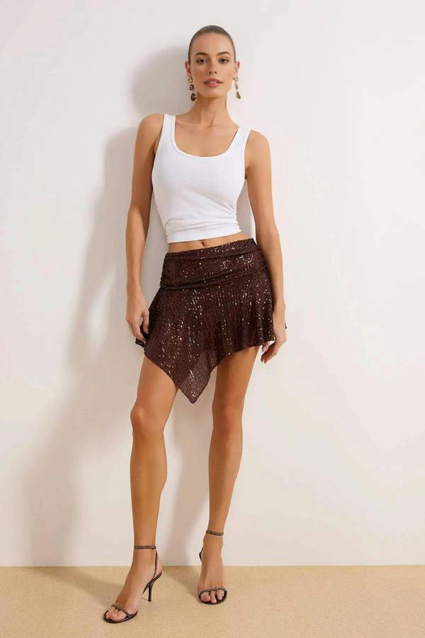 WOVCOR Asymmetrical Cut Ruched Super Mini Sequin Skirt