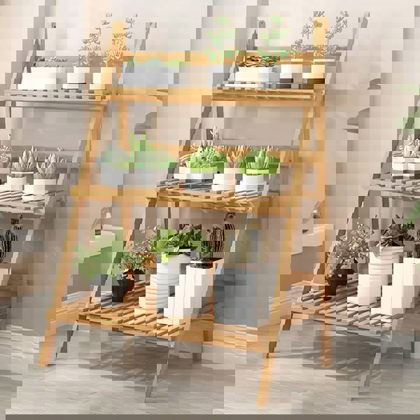 Living and Home 3-Tier Foldable Plant Stand Rack Wooden Ladder Shelf