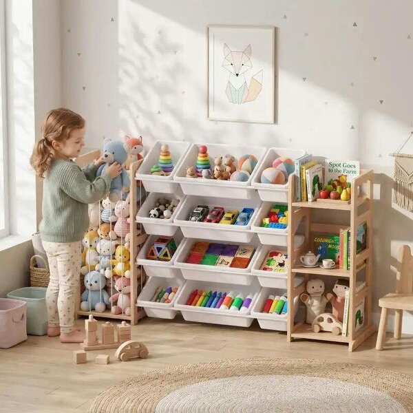 Bobobiy Wooden Toy Storage Unit with Stuffed Animal Storage, Bookshelf and 12 Bins for Kids Rooms, Bedroom, Playroom, Nursery - Natural wood finish