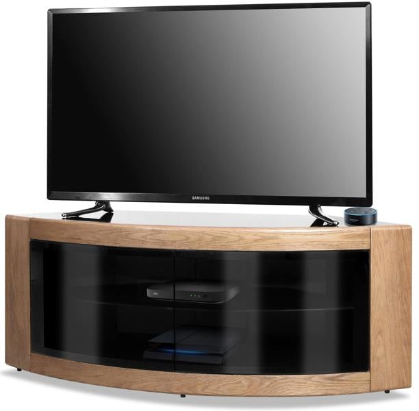 Homeology PANGEA Black Oak Beam-Thru Black Glass Curved Unit Tru-Corner 32"-50" TV Cabinet