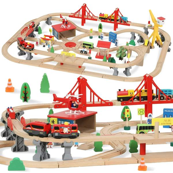Multicolored wooden train set with crane, bridges and winding tracks for kids