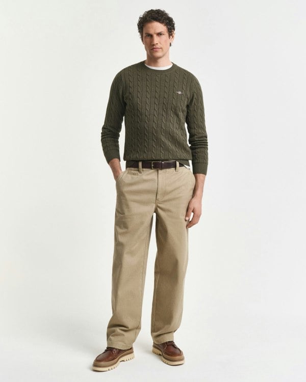 GANT Mens Cotton Cable Knit Crew Neck Jumper - 384 Khaki Green Mel - CHO - Designer Mens Crew Neck Jumpers