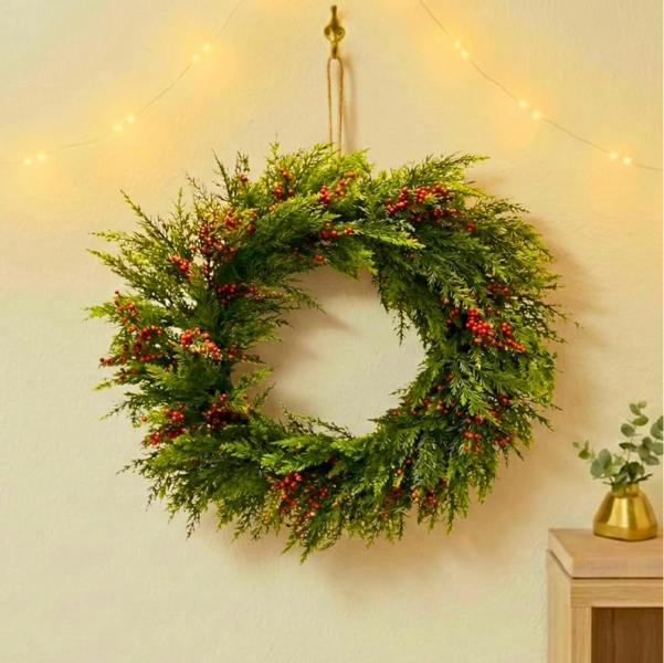 24 Inch Pine Needle Christmas Wreath with Red Berries for Indoor and Sheltered Outdoor Display image 9